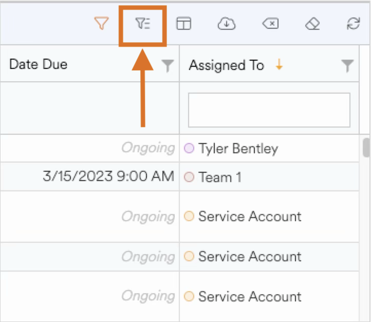 A task management interface showing filters and assigned tasks for team members.